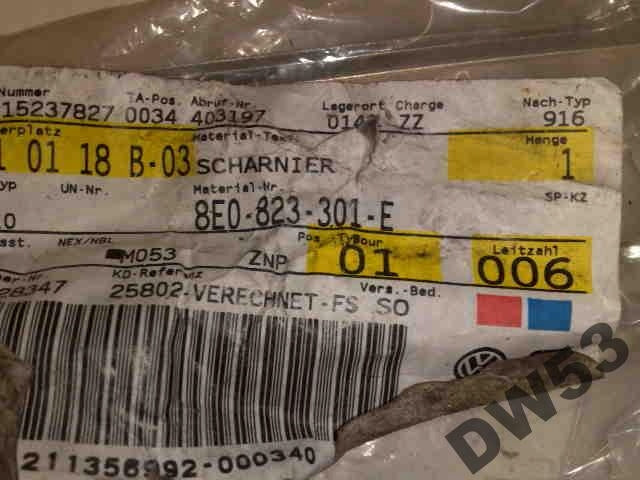 nowe zawiasy maski Audi A4 8E0823302F i 8E0823301E